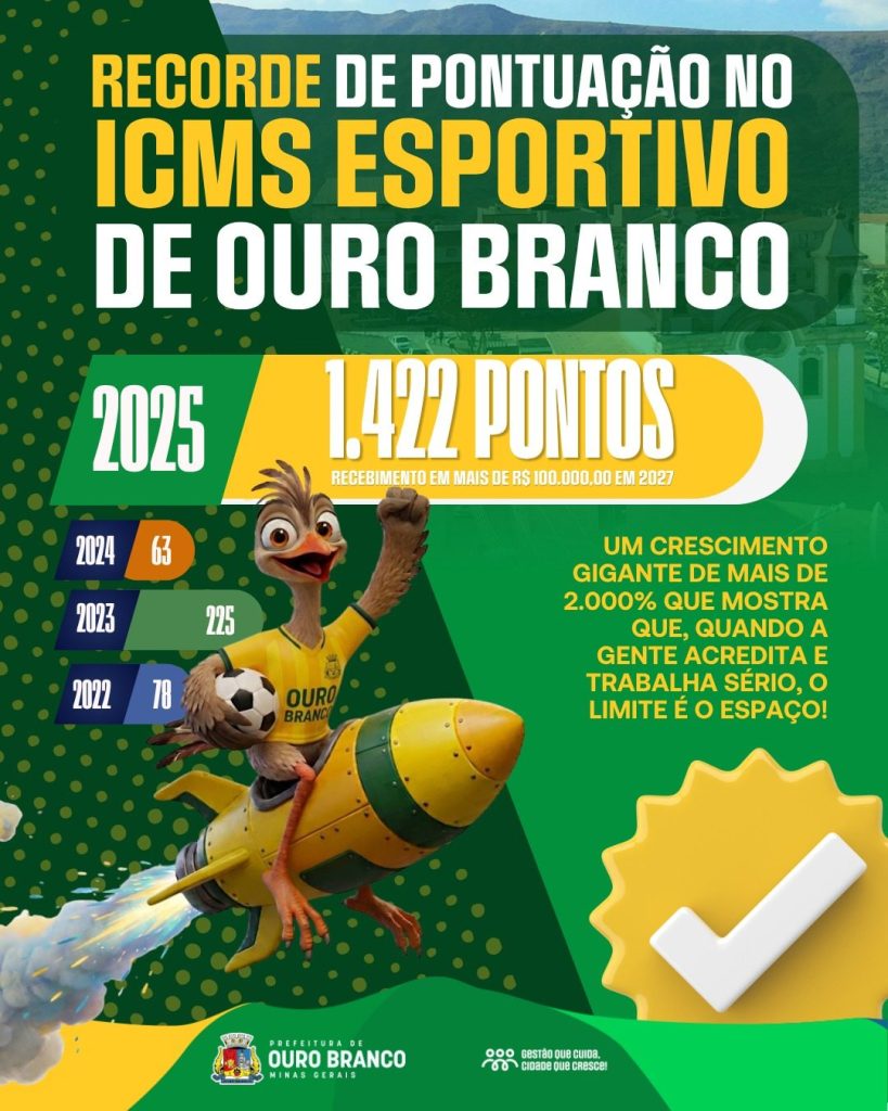 Ouro Branco alcança marca histórica no ICMS Esportivo e garante mais de R$ 101 mil para investimentos no esporte em 2027