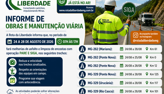 Intervenções acontecem de 24 a 28 de agosto, das 7h às 17h, com operação Pare e Siga em trechos da MG-262 e MG-329