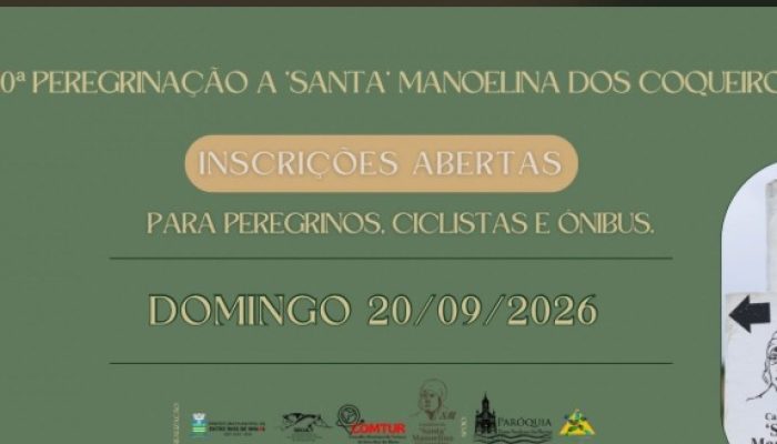10ª Peregrinação a ‘Santa’ Manoelina dos Coqueiros Publicado em 20 de setembro de 2026 às...